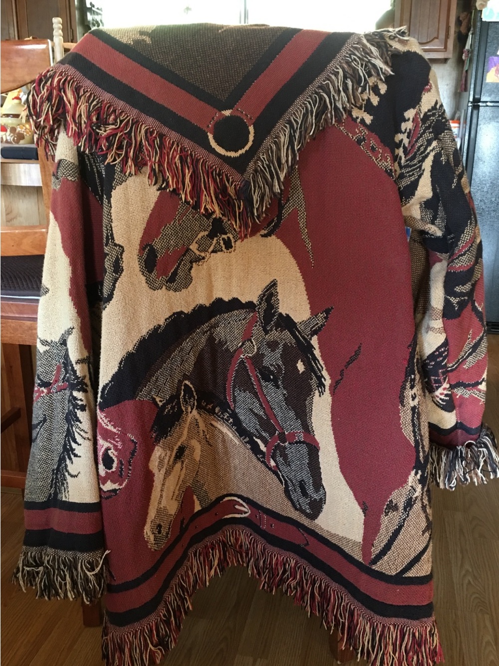 Vintage Fringed Horse-Print sweater/Jacket in Red, Black & Cream